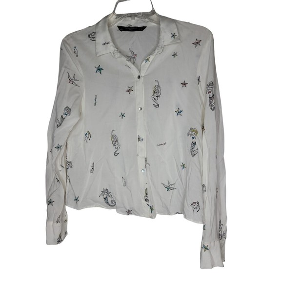 Zara Tops - Zara Trafaluc Full Button Mermaid Stars Shirt White Cream Size Medium